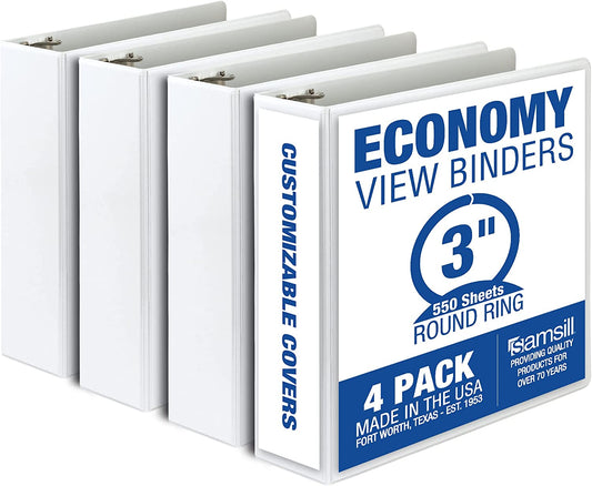 3 Inch 3 Ring Binders, Made in USA, Economy round Ring, Clear View Cover, 550 Sheet Capacity - for School, Home, Office - White, 4 Pack
