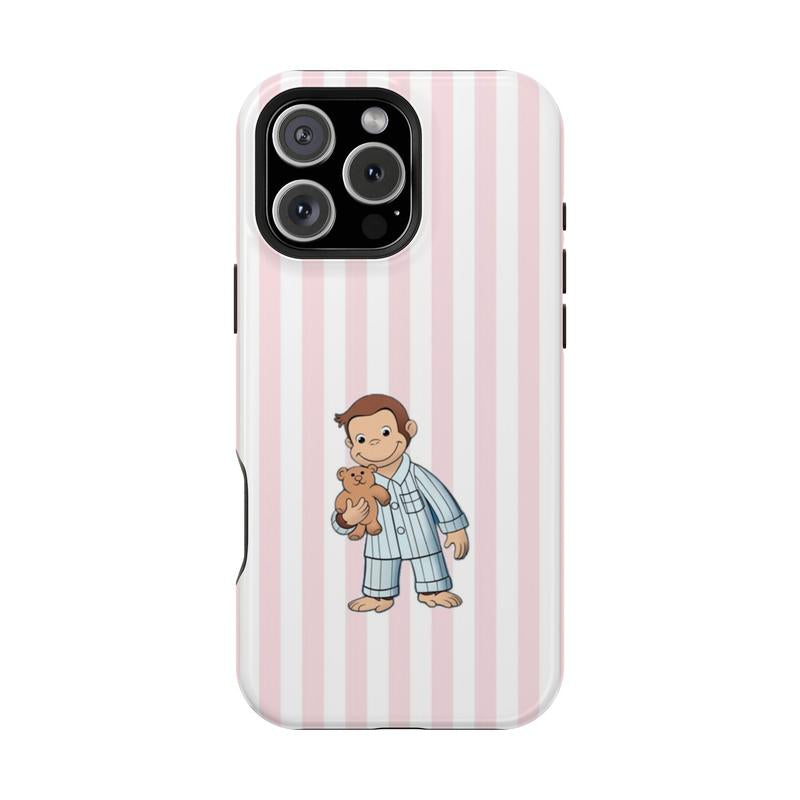Striped Curious George Pajamas Phone Case – Cute Cartoon Monkey with Teddy Bear, Striped Pastel Design, Protective Iphone Cover | Cover for Iphone 16 15 14 13 12 SE Max Pro Samsung Galaxy Ultra 21 22 23 24 25