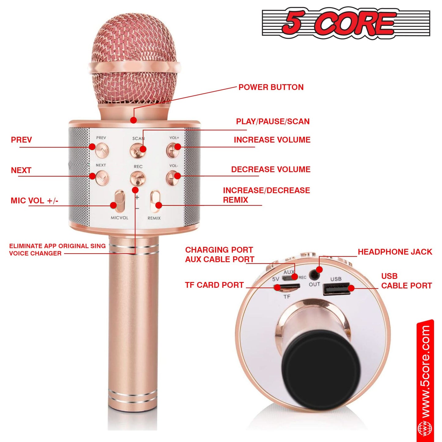5Core Wireless Karaoke Microphone Bluetooth Mic Portable Handheld Microfonos Inalambricos COPPER & GOLD