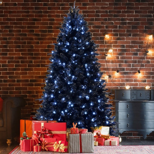 8ft Black Christmas Tree with 600 White LED Lights, 2486 Tips PE+PVC
