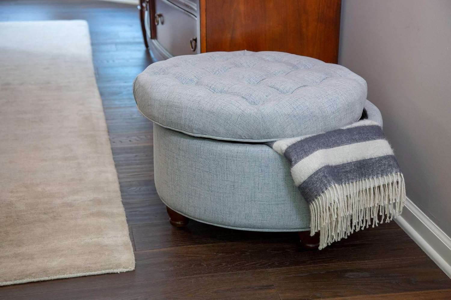Stylish Light Blue Button Tufted Woven Round Storage Ottoman
