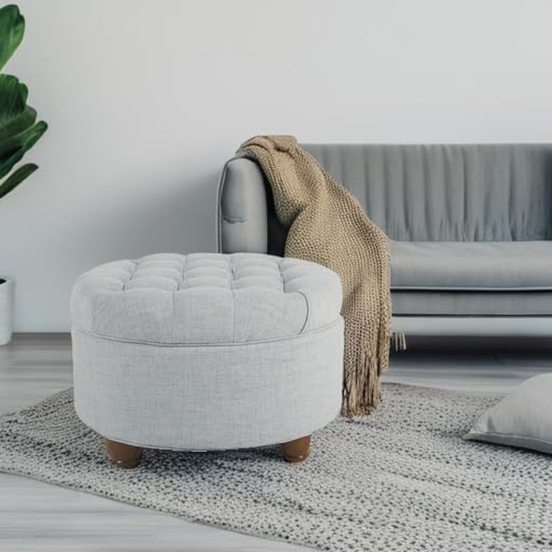 Stylish Light Blue Button Tufted Woven Round Storage Ottoman