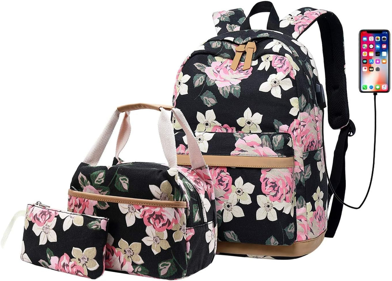 Canvas School Bag Teens Backpack for School - Floral-Black