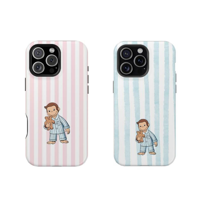 Striped Curious George Pajamas Phone Case – Cute Cartoon Monkey with Teddy Bear, Striped Pastel Design, Protective Iphone Cover | Cover for Iphone 16 15 14 13 12 SE Max Pro Samsung Galaxy Ultra 21 22 23 24 25