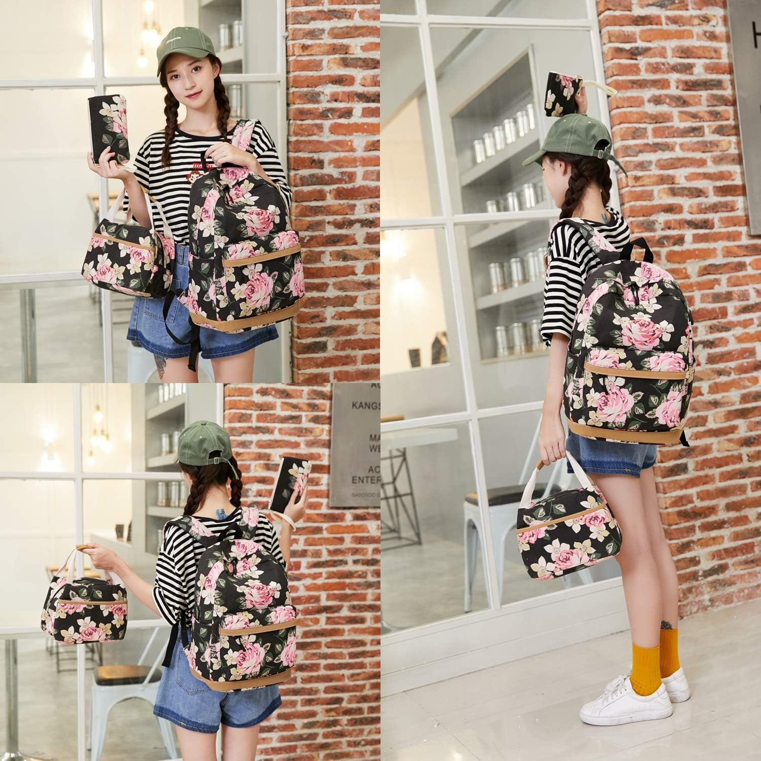 Canvas School Bag Teens Backpack for School - Floral-Black