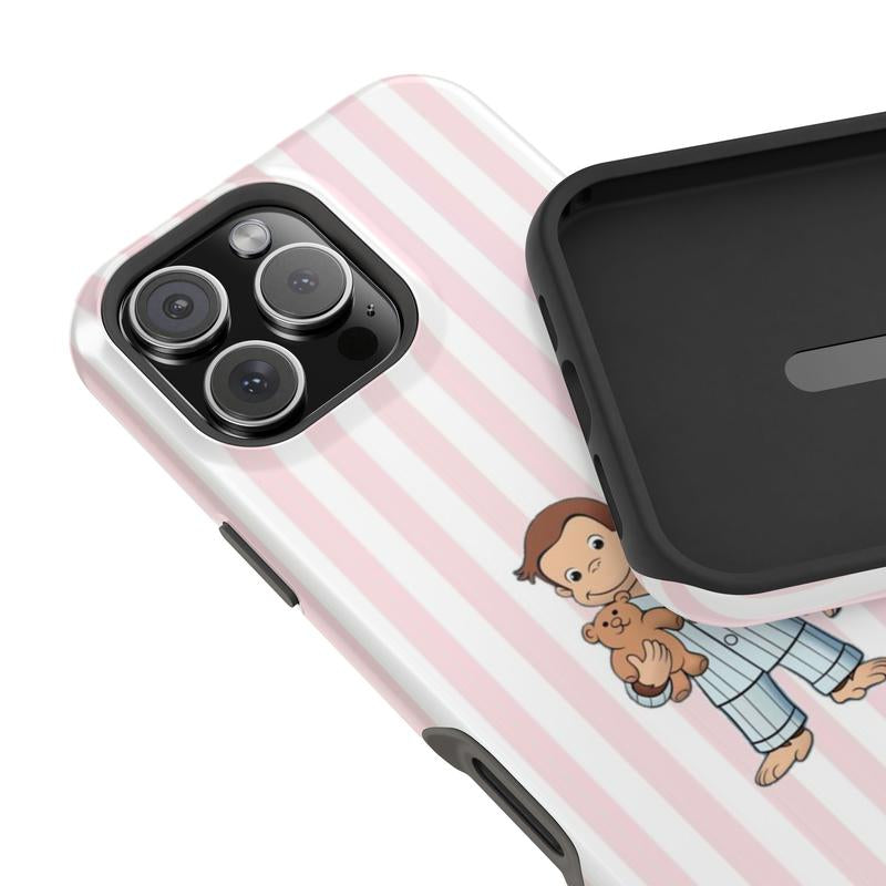 Striped Curious George Pajamas Phone Case – Cute Cartoon Monkey with Teddy Bear, Striped Pastel Design, Protective Iphone Cover | Cover for Iphone 16 15 14 13 12 SE Max Pro Samsung Galaxy Ultra 21 22 23 24 25