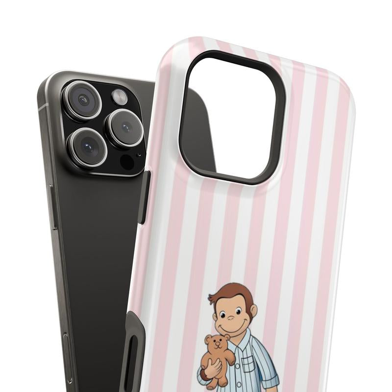 Striped Curious George Pajamas Phone Case – Cute Cartoon Monkey with Teddy Bear, Striped Pastel Design, Protective Iphone Cover | Cover for Iphone 16 15 14 13 12 SE Max Pro Samsung Galaxy Ultra 21 22 23 24 25