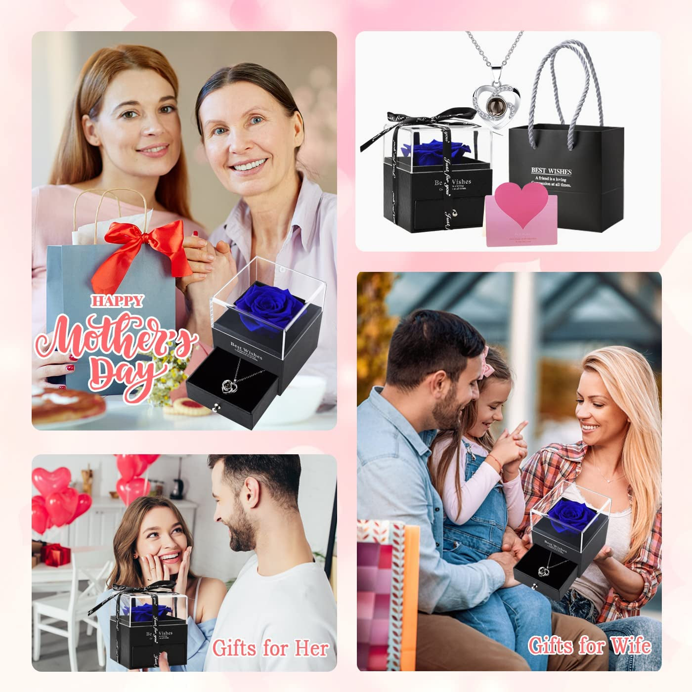 Christmas Flowers for Delivery Prime Gifts, Preserved Real Rose with I Love You Necklace -Eternal Flowers Rose Gifts for Mom Wife Girlfriend on Mothers Day Anniversary Birthday Gifts for Women