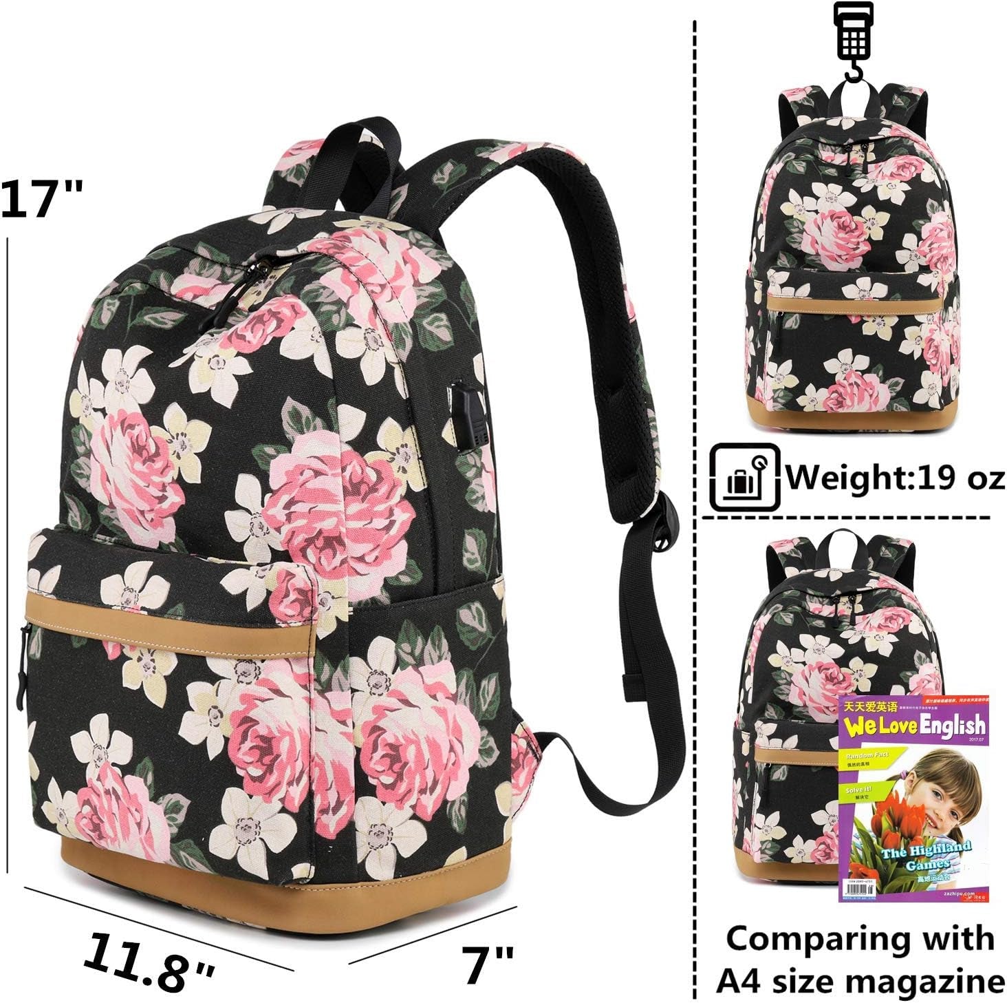 Canvas School Bag Teens Backpack for School - Floral-Black