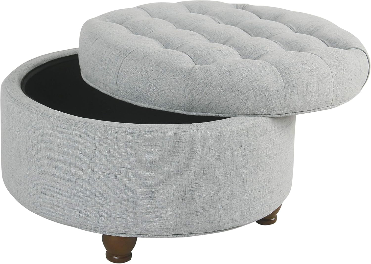 Stylish Light Blue Button Tufted Woven Round Storage Ottoman