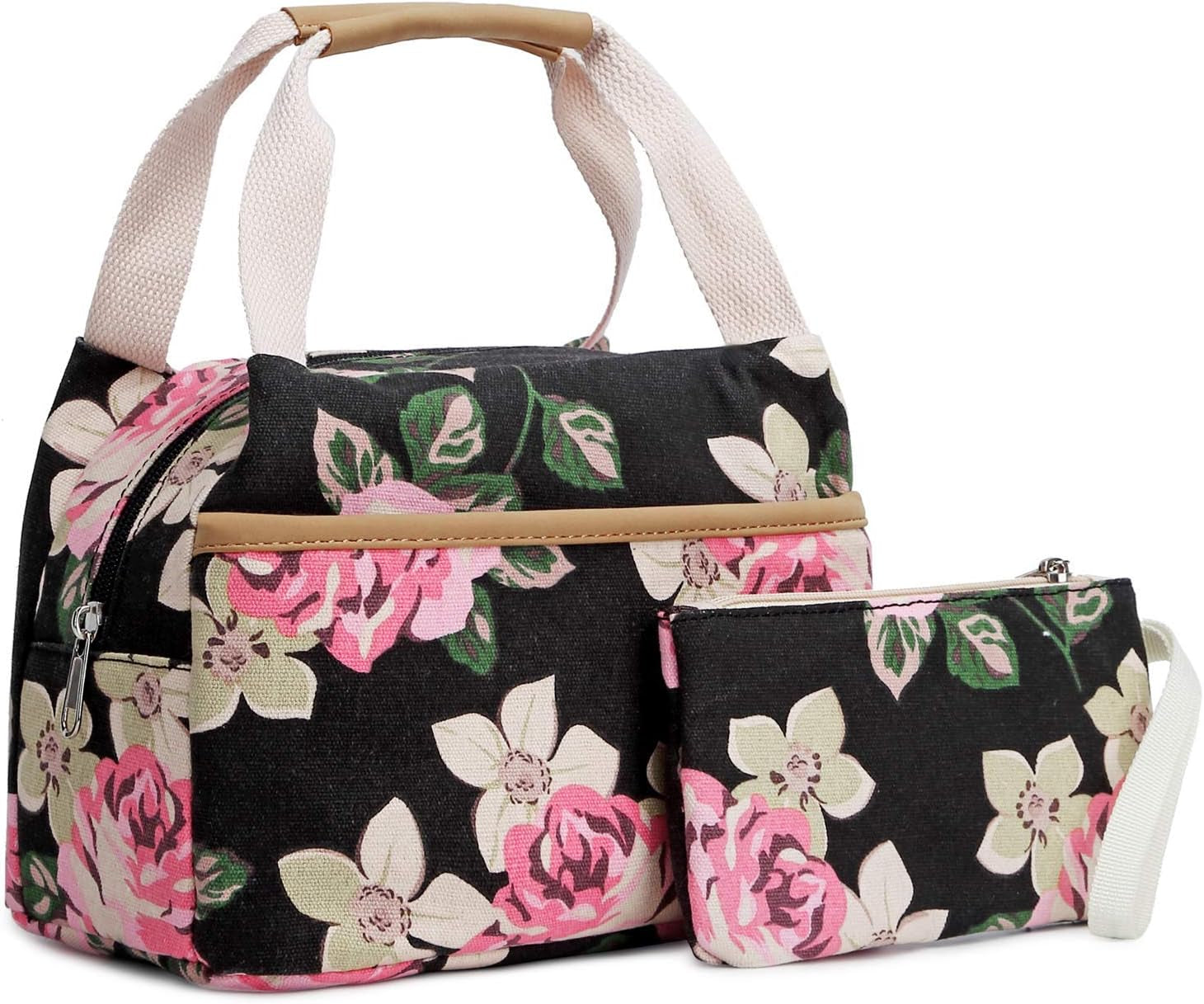 Canvas School Bag Teens Backpack for School - Floral-Black