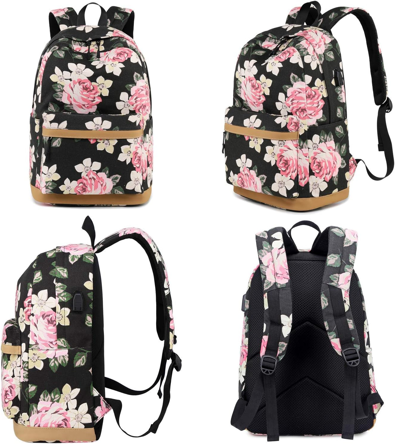 Canvas School Bag Teens Backpack for School - Floral-Black