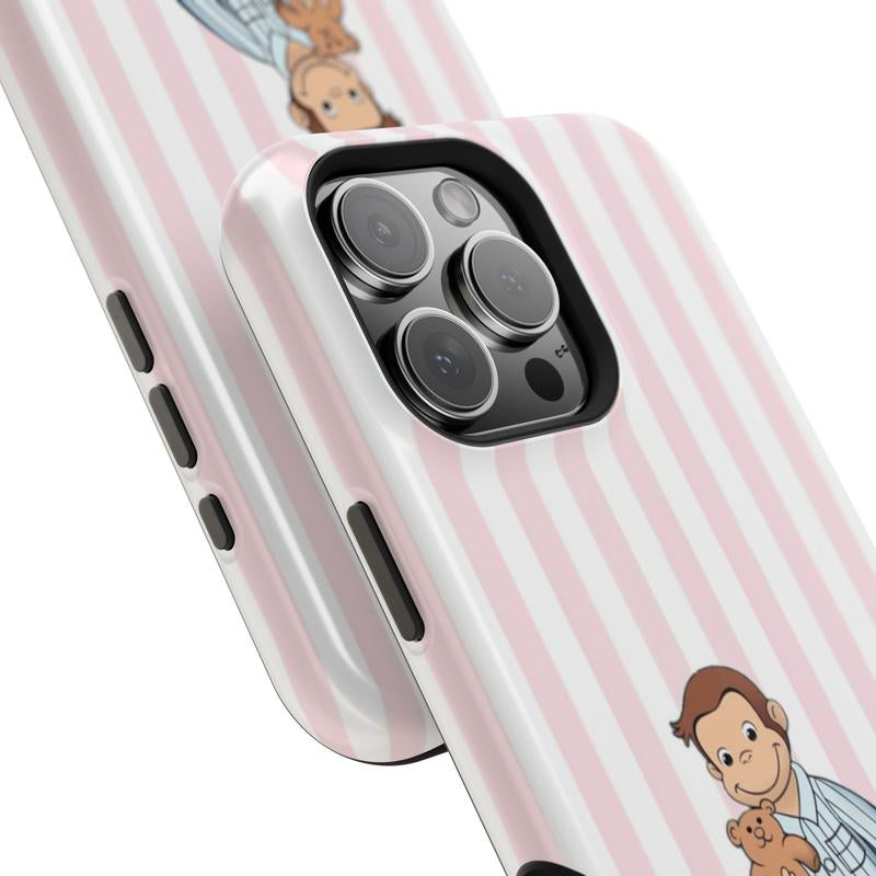 Striped Curious George Pajamas Phone Case – Cute Cartoon Monkey with Teddy Bear, Striped Pastel Design, Protective Iphone Cover | Cover for Iphone 16 15 14 13 12 SE Max Pro Samsung Galaxy Ultra 21 22 23 24 25