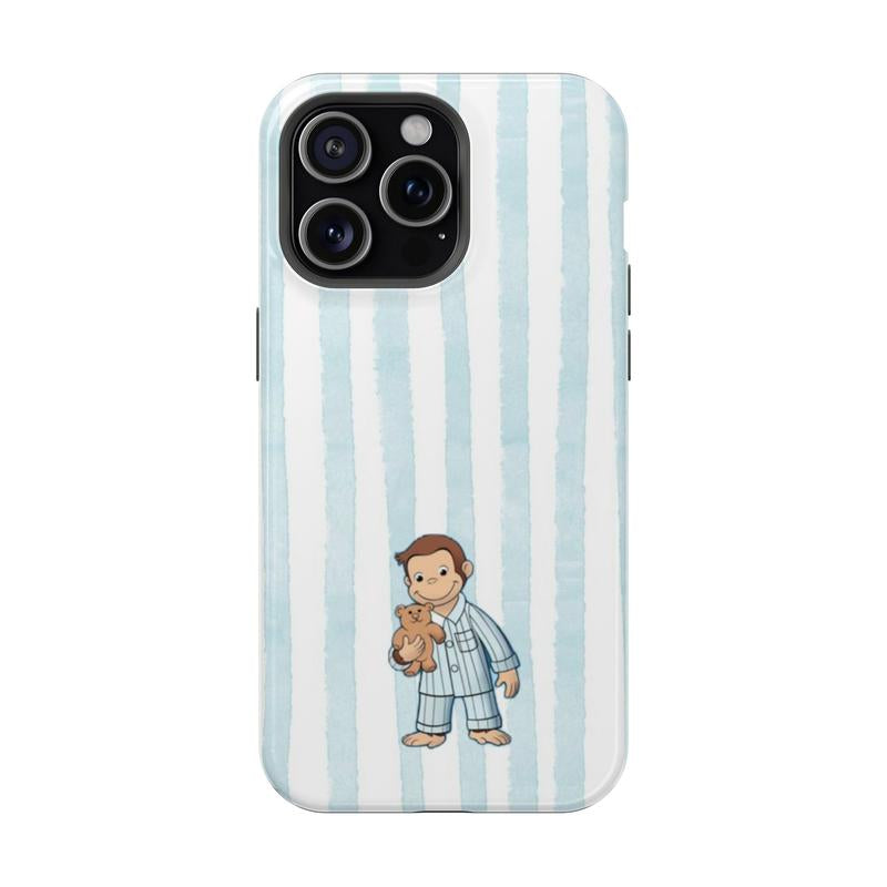Striped Curious George Pajamas Phone Case – Cute Cartoon Monkey with Teddy Bear, Striped Pastel Design, Protective Iphone Cover | Cover for Iphone 16 15 14 13 12 SE Max Pro Samsung Galaxy Ultra 21 22 23 24 25