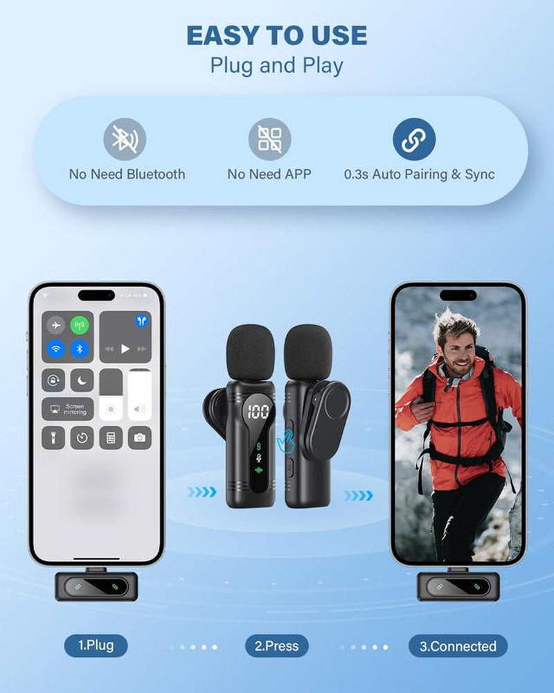 BUBUN Wireless Microphone for Iphone, Ipad, Android, Lavalier Microphone for Video Recording - 2 Pack Iphone Mic Crystal Clear Recording with USB-C for ASMR