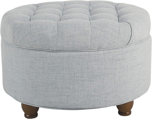 Stylish Light Blue Button Tufted Woven Round Storage Ottoman
