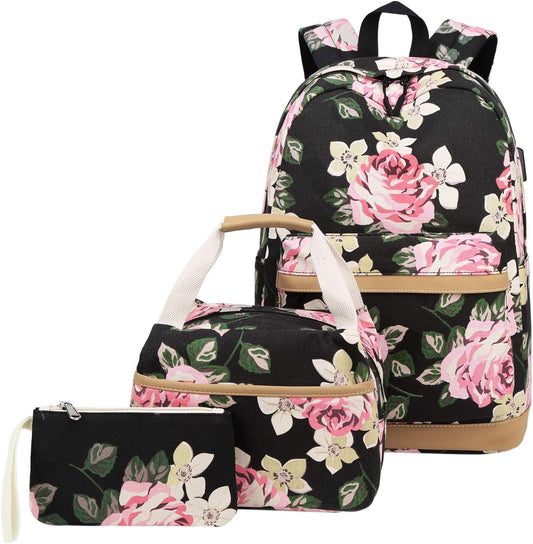 Canvas School Bag Teens Backpack for School - Floral-Black