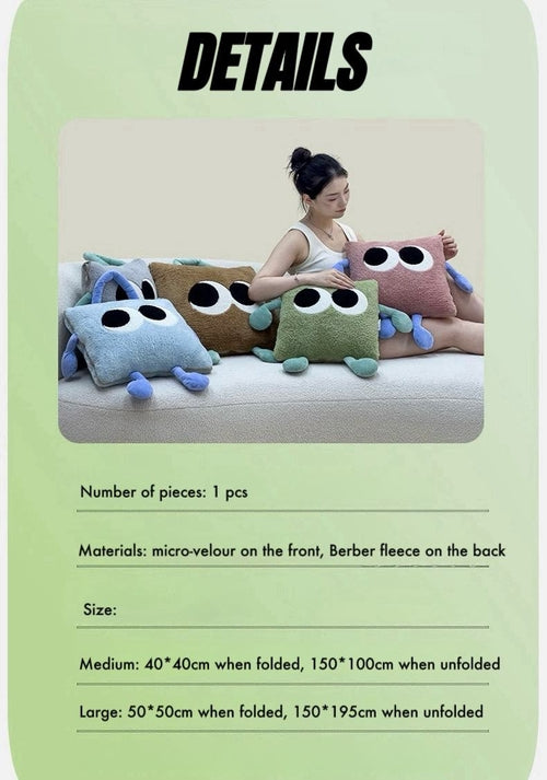 Big Eyes 2-in-1 Convertible Throw Pillow Blanket, Cute Whimsical Soft
