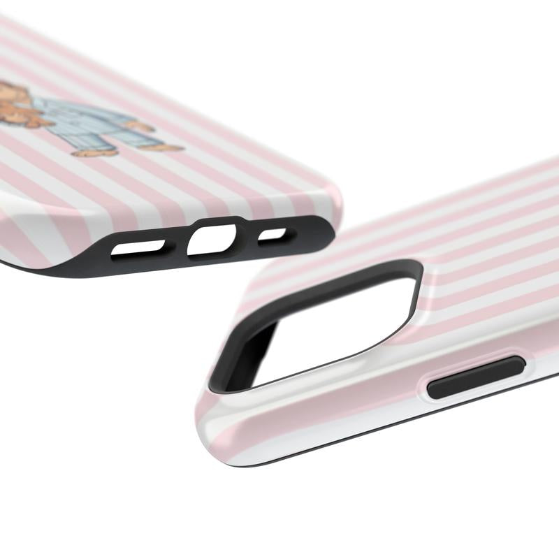 Striped Curious George Pajamas Phone Case – Cute Cartoon Monkey with Teddy Bear, Striped Pastel Design, Protective Iphone Cover | Cover for Iphone 16 15 14 13 12 SE Max Pro Samsung Galaxy Ultra 21 22 23 24 25
