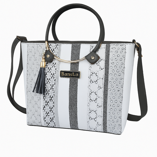Grey Striped Tote Bag with Tassel Detail