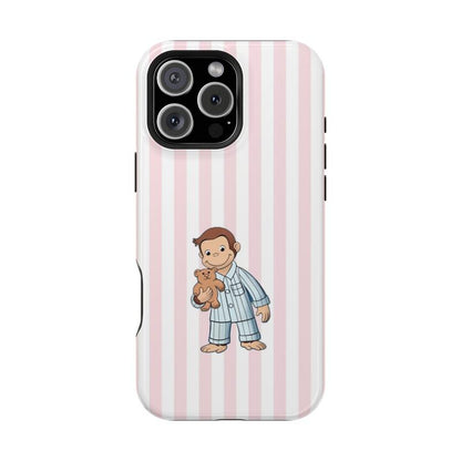 Striped Curious George Pajamas Phone Case – Cute Cartoon Monkey with Teddy Bear, Striped Pastel Design, Protective Iphone Cover | Cover for Iphone 16 15 14 13 12 SE Max Pro Samsung Galaxy Ultra 21 22 23 24 25