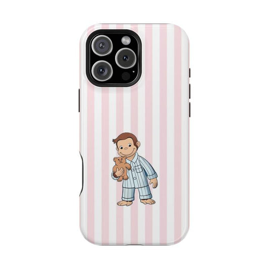 Striped Curious George Pajamas Phone Case – Cute Cartoon Monkey with Teddy Bear, Striped Pastel Design, Protective Iphone Cover | Cover for Iphone 16 15 14 13 12 SE Max Pro Samsung Galaxy Ultra 21 22 23 24 25