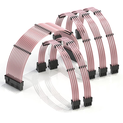 - 30Cm PSU Cable Extension 18AWG Oxygen Free Copper (OFC) Teflon Jacket Custom Mod GPU PC W/Comb Kit | 1 X 24 P (20+4) | 2 X 8 P (4+4) CPU | 3 X 8 P (6+2) GPU Set | 300Mm - Pink