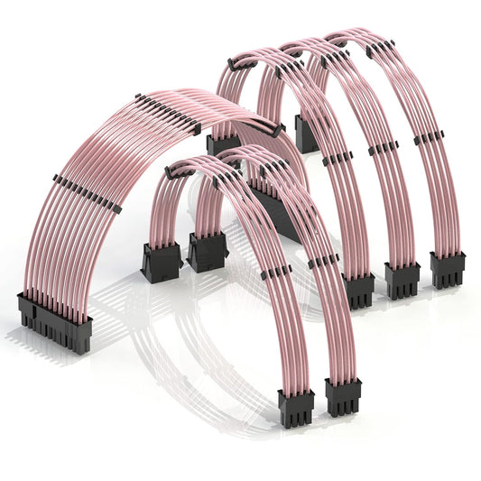 - 30Cm PSU Cable Extension 18AWG Oxygen Free Copper (OFC) Teflon Jacket Custom Mod GPU PC W/Comb Kit | 1 X 24 P (20+4) | 2 X 8 P (4+4) CPU | 3 X 8 P (6+2) GPU Set | 300Mm - Pink