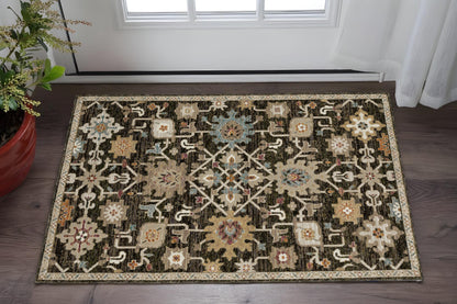 2' X 3' Brown Black And Ivory Oriental Area Rug