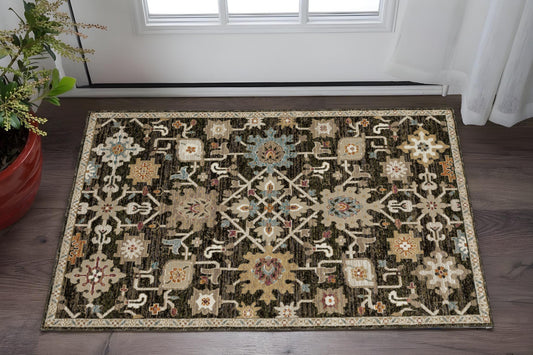 2' X 3' Brown Black And Ivory Oriental Area Rug
