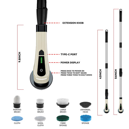 Electric Spin Scrubber, Cordless Bath Tub Power Scrubber with Long Handle & 7 Replaceable Heads, Shower Cleaning Brush Household Tools for Bathroom & Tile Floor