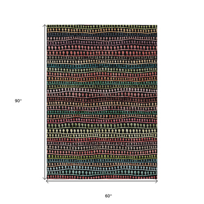 5' X 8' Black Green And Gold Striped Washable Indoor Outdoor Area Rug