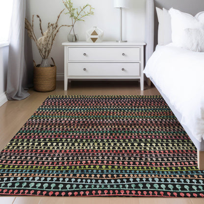 5' X 8' Black Green And Gold Striped Washable Indoor Outdoor Area Rug