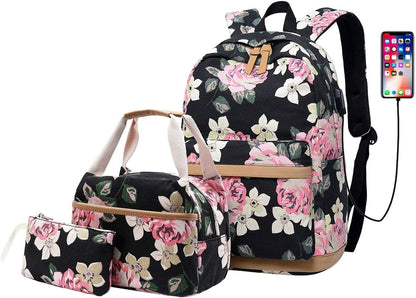 Canvas School Bag Teens Backpack for School - Floral-Black