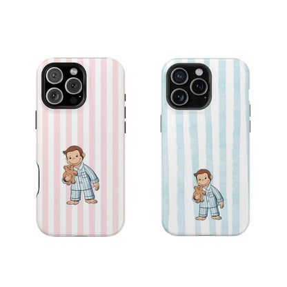 Striped Curious George Pajamas Phone Case – Cute Cartoon Monkey with Teddy Bear, Striped Pastel Design, Protective Iphone Cover | Cover for Iphone 16 15 14 13 12 SE Max Pro Samsung Galaxy Ultra 21 22 23 24 25
