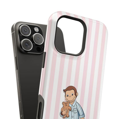 Striped Curious George Pajamas Phone Case – Cute Cartoon Monkey with Teddy Bear, Striped Pastel Design, Protective Iphone Cover | Cover for Iphone 16 15 14 13 12 SE Max Pro Samsung Galaxy Ultra 21 22 23 24 25