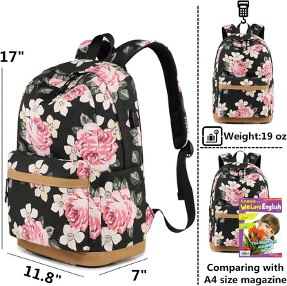 Canvas School Bag Teens Backpack for School - Floral-Black