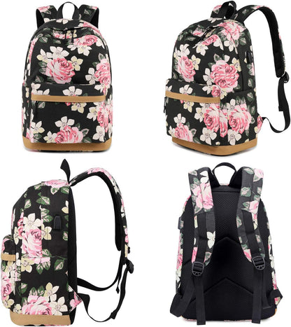 Canvas School Bag Teens Backpack for School - Floral-Black