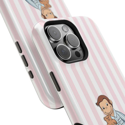 Striped Curious George Pajamas Phone Case – Cute Cartoon Monkey with Teddy Bear, Striped Pastel Design, Protective Iphone Cover | Cover for Iphone 16 15 14 13 12 SE Max Pro Samsung Galaxy Ultra 21 22 23 24 25