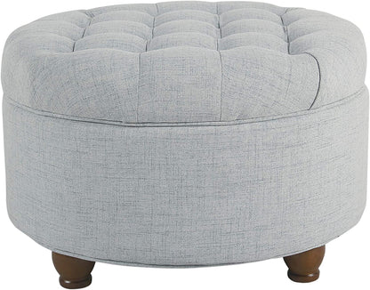 Stylish Light Blue Button Tufted Woven Round Storage Ottoman