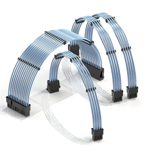- 30Cm PSU Cable Extension 18AWG Oxygen Free Copper (OFC) Teflon Jacket Custom Mod GPU PC W/Comb Kit | 1 X 24 P (20+4) | 1 X 8 P (4+4) CPU | 2 X 8 P (6+2) GPU Set | 300Mm - Blue