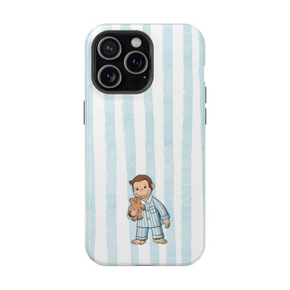 Striped Curious George Pajamas Phone Case – Cute Cartoon Monkey with Teddy Bear, Striped Pastel Design, Protective Iphone Cover | Cover for Iphone 16 15 14 13 12 SE Max Pro Samsung Galaxy Ultra 21 22 23 24 25