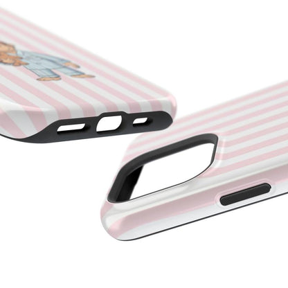 Striped Curious George Pajamas Phone Case – Cute Cartoon Monkey with Teddy Bear, Striped Pastel Design, Protective Iphone Cover | Cover for Iphone 16 15 14 13 12 SE Max Pro Samsung Galaxy Ultra 21 22 23 24 25